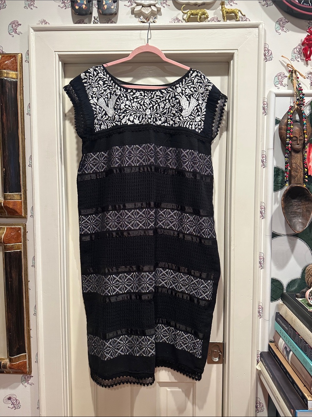 Black Embroidered Midi Dress with White Yoke Detail